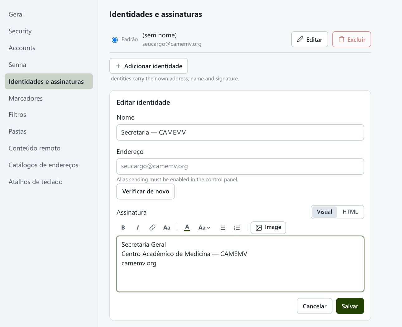 Tela do webmail: Nome, Assinatura, Salvar