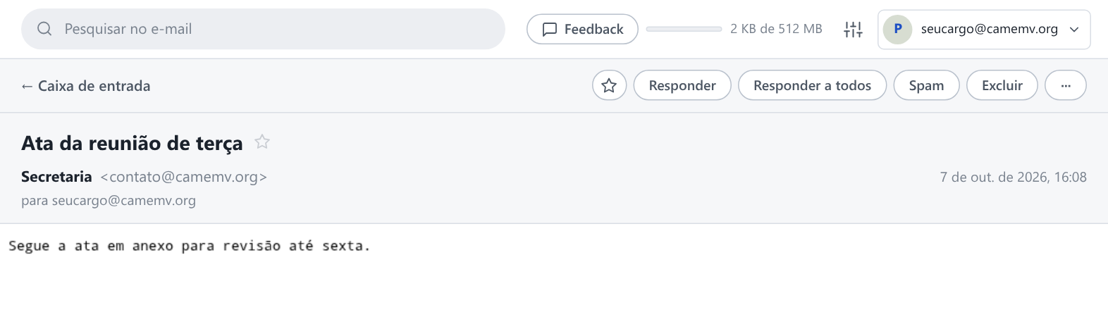 Tela do webmail: Responder, Responder a todos, Excluir, Voltar