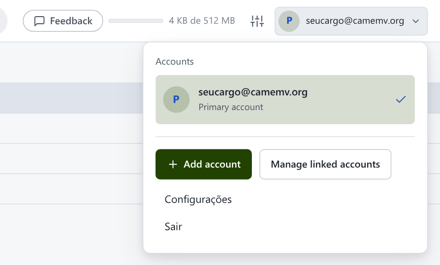 Tela do webmail: Sua conta, Sair