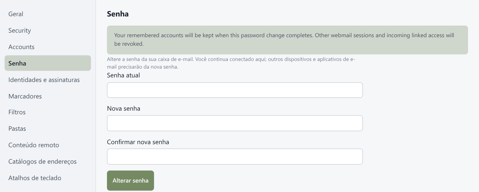 Tela do webmail: Senha (menu), Senha atual, Nova senha, Confirmar, Alterar senha